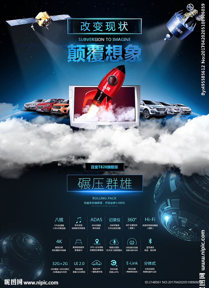 高清3D汽车导航仪蓝色创意海报