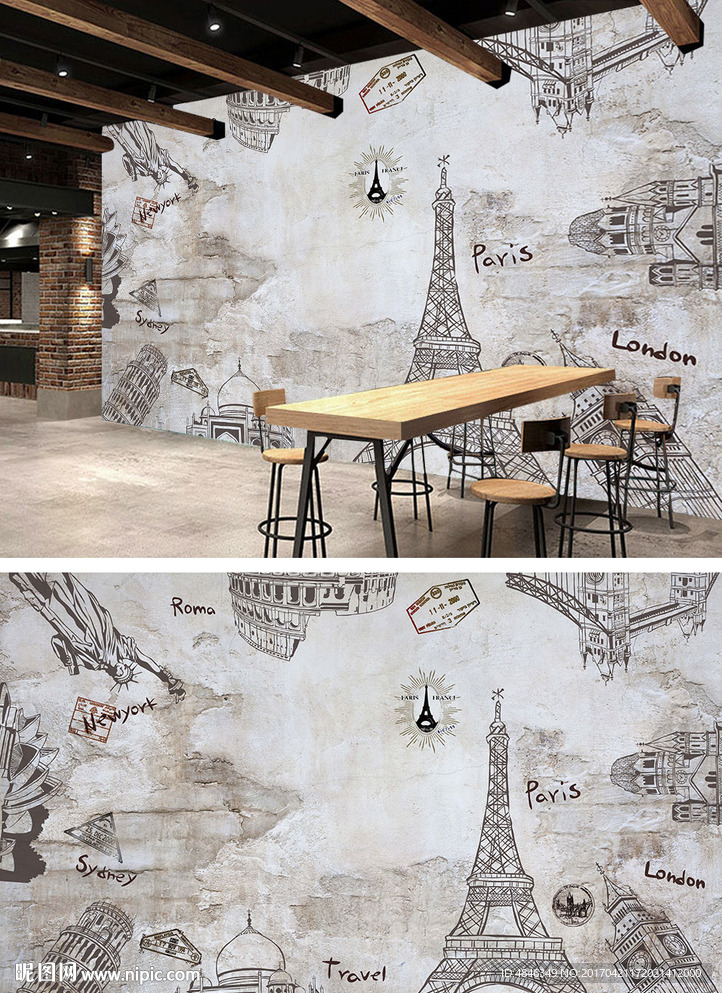 怀旧风格欧洲城市酒吧工装背景墙