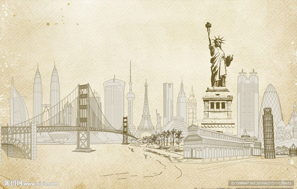 世界建筑 线描 大型壁画图片