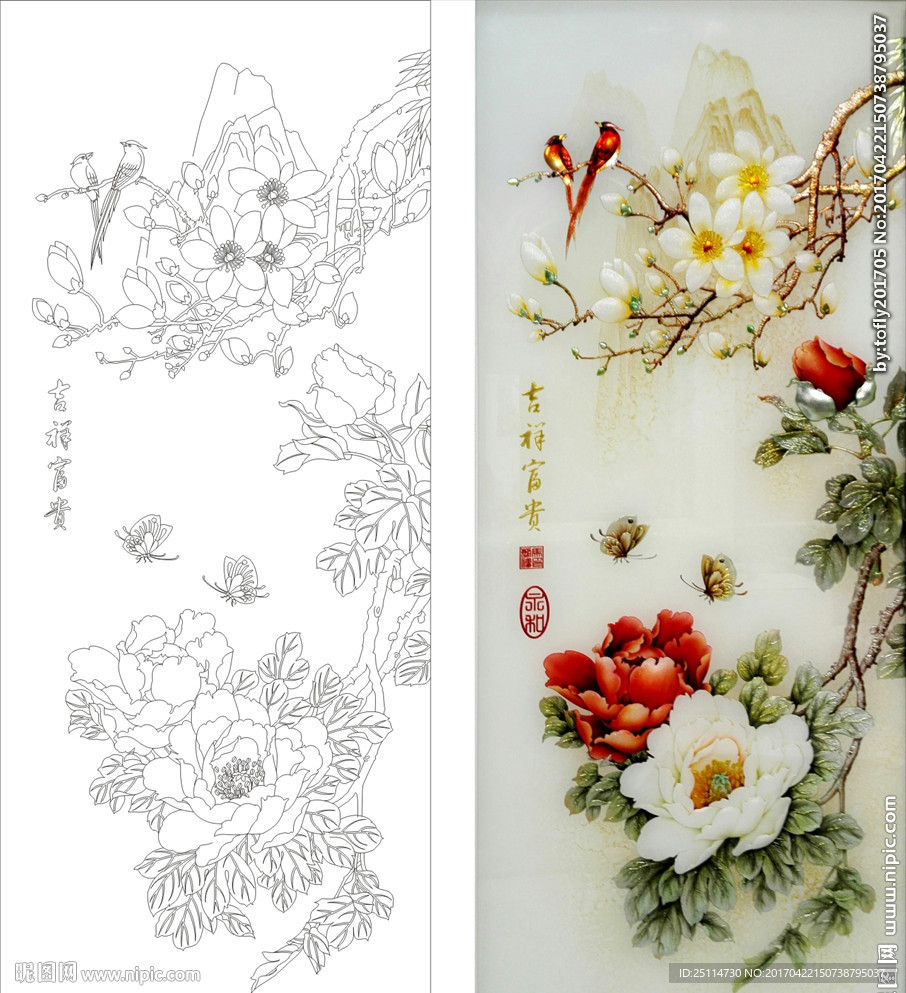 玉兰牡丹艺术玻璃矢量图线条图