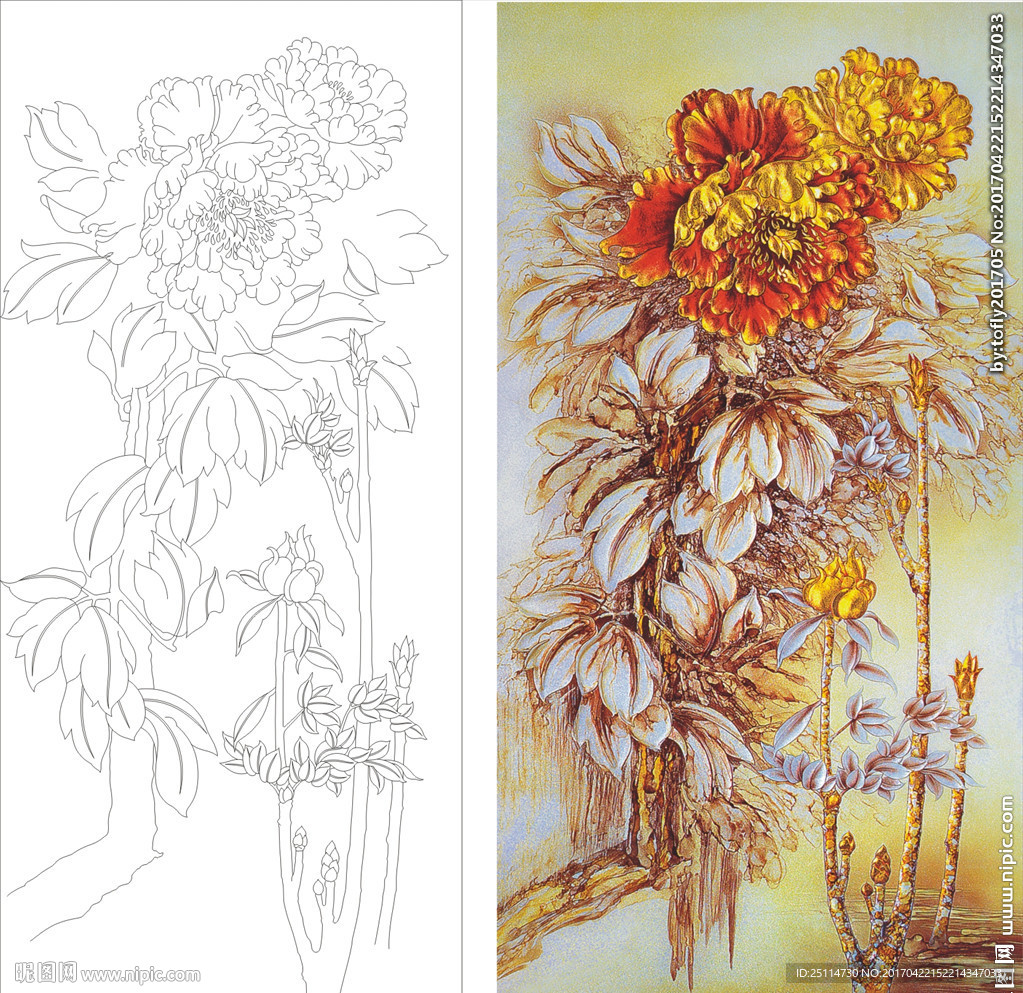 牡丹花艺术玻璃矢量图线条图