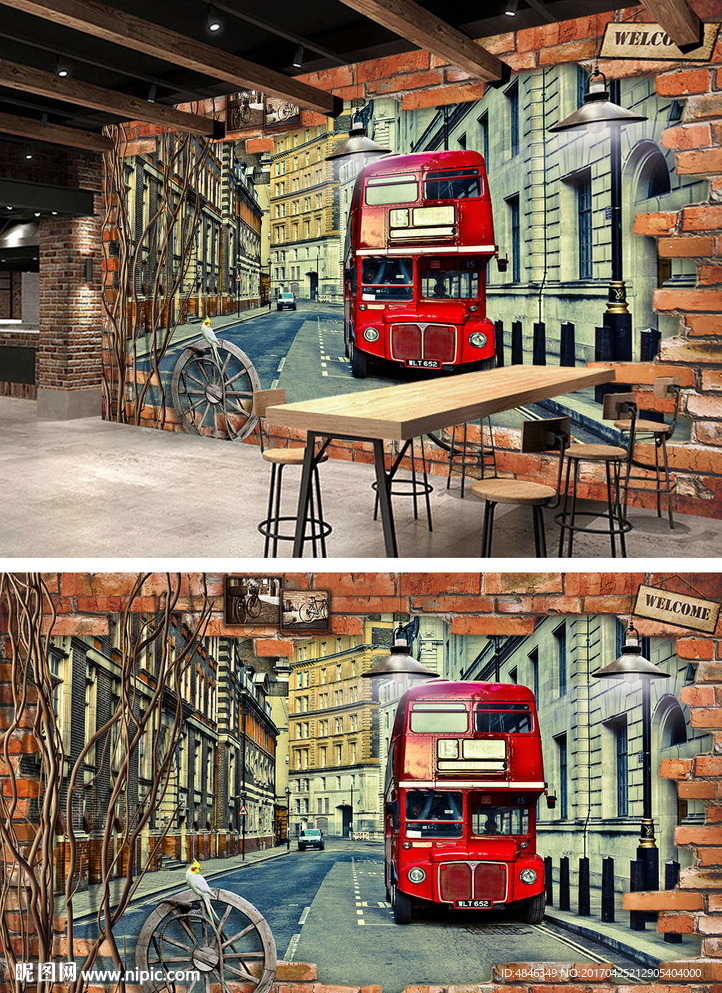 怀旧风格欧洲城市汽车酒吧背景墙