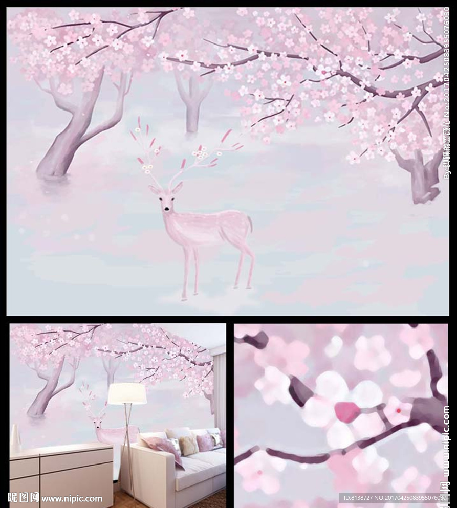 抽象树林梅花鹿麋鹿壁画背景墙