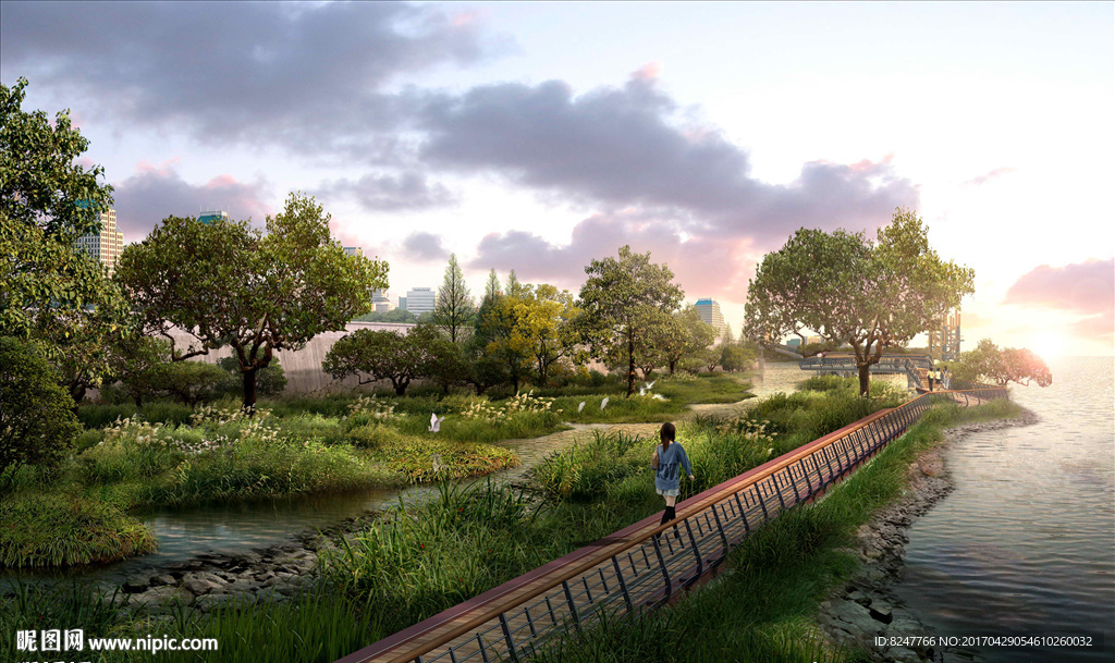 海边湿地公园黄昏景观效果图