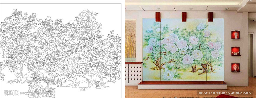 牡丹花艺术玻璃矢量图 线条图