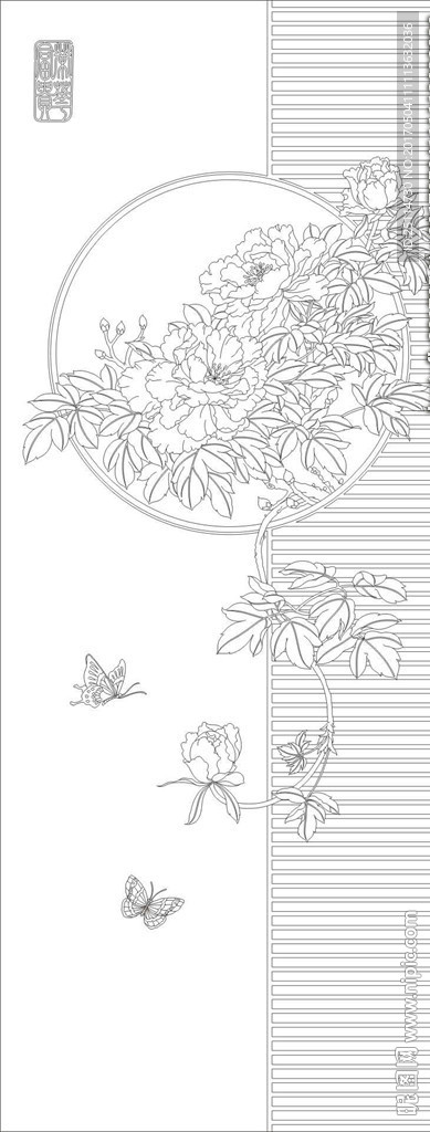 牡丹花艺术玻璃矢量图 线条图