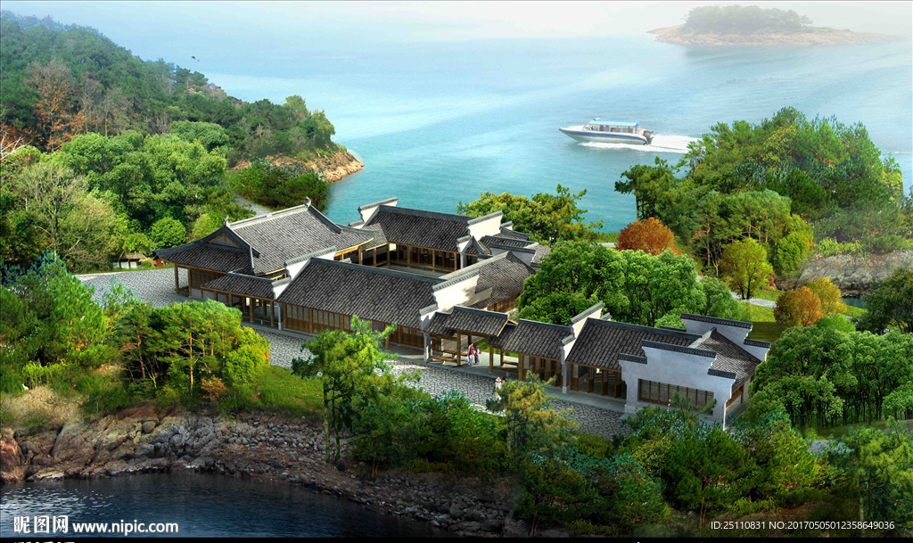 鸟瞰古建面朝大海游艇效果图