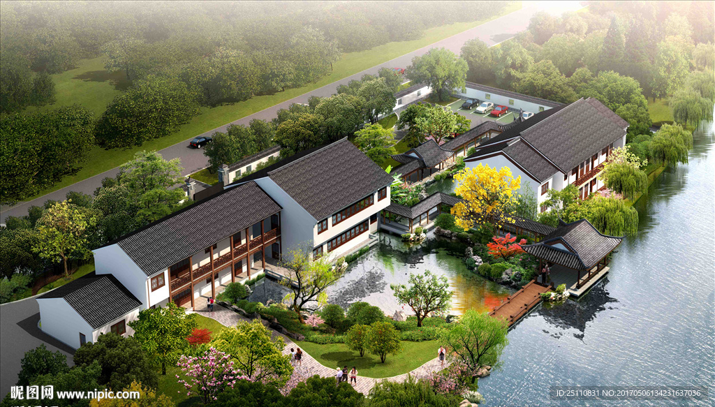 古建亭子鸟瞰湖景效果图