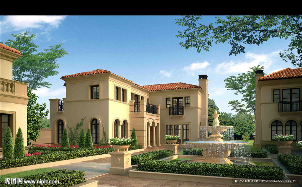 别墅住宅喷泉流水景观图蓝天白云