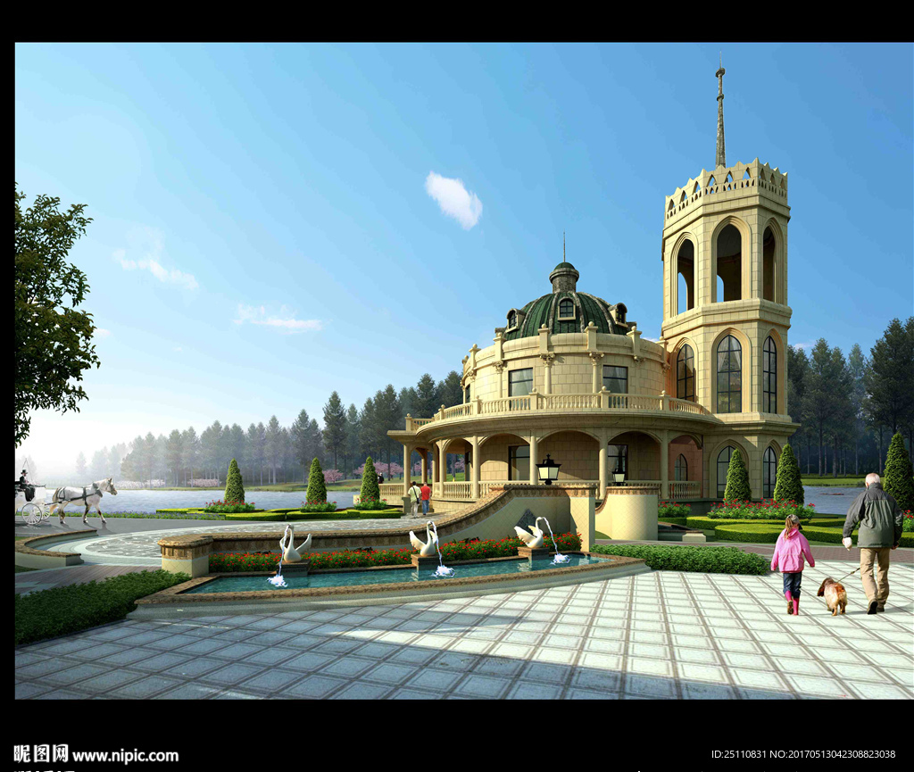 欧式建筑风格塔湖景房