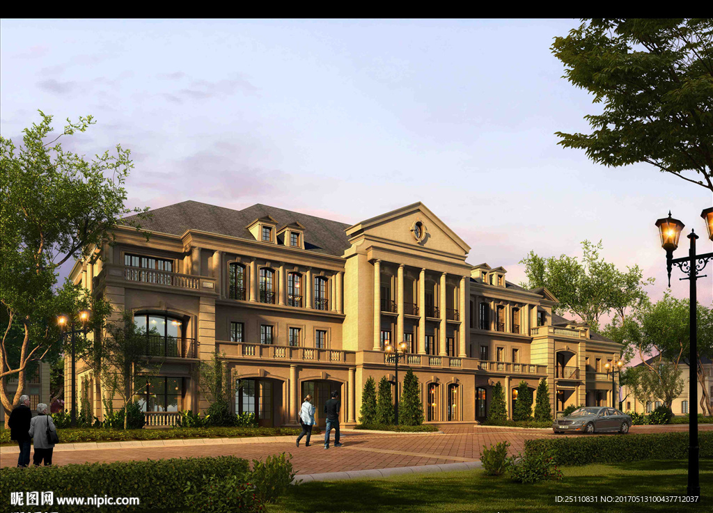 欧式建筑黄昏路灯效果图