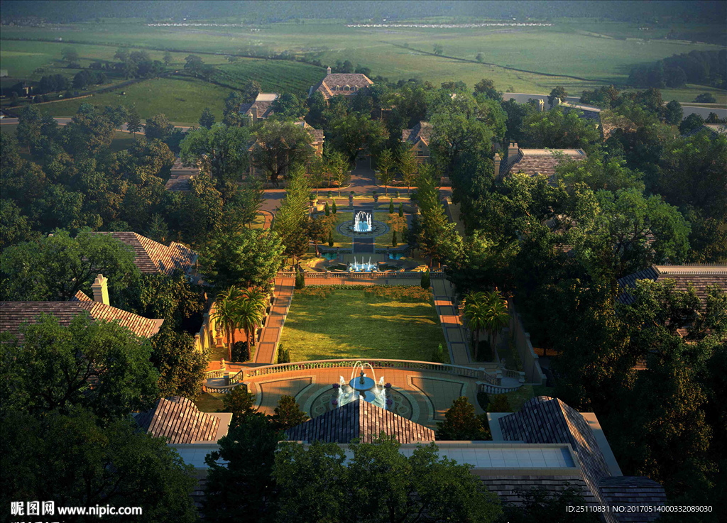 鸟瞰欧式建筑绿化设计图