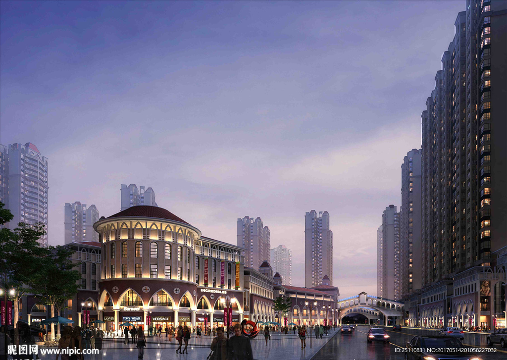 欧式商业购物广场夜景人行天桥图