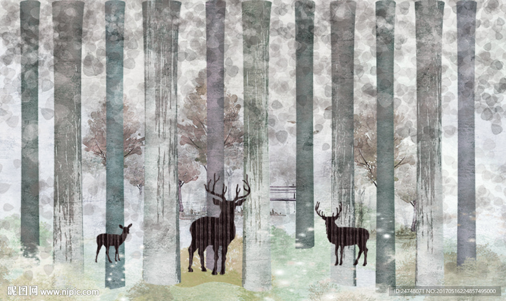 北欧怀旧风格手绘森林麋鹿背景墙