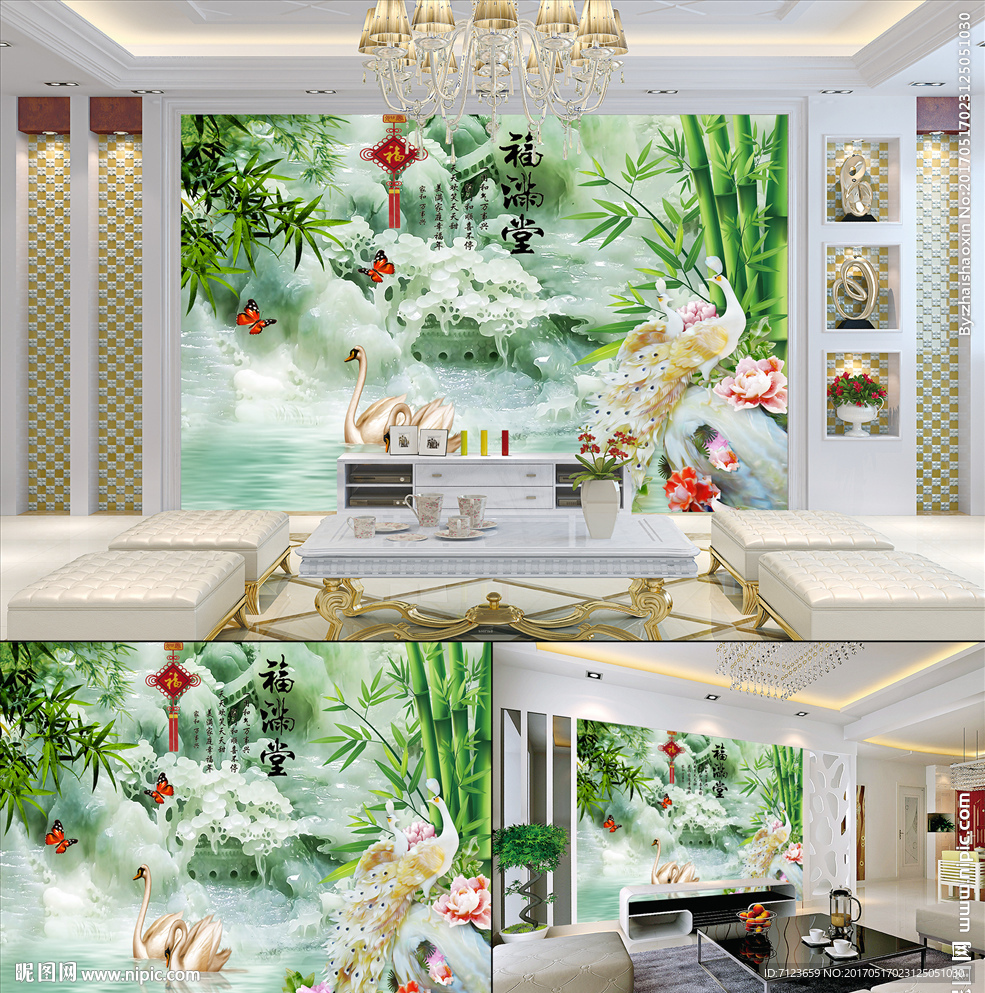 玉雕 孔雀 牡丹电视背景墙