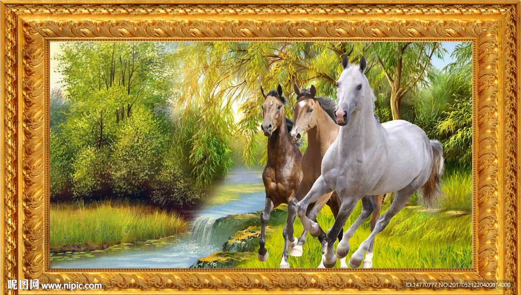 油画风景八骏图