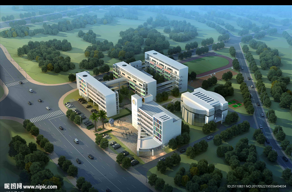 鸟瞰中学学校建筑效果图