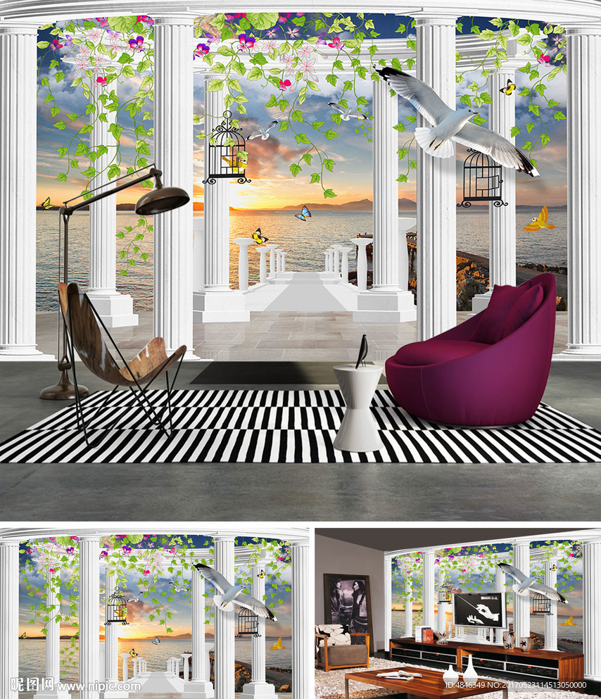 3D罗马柱海景电视背景墙