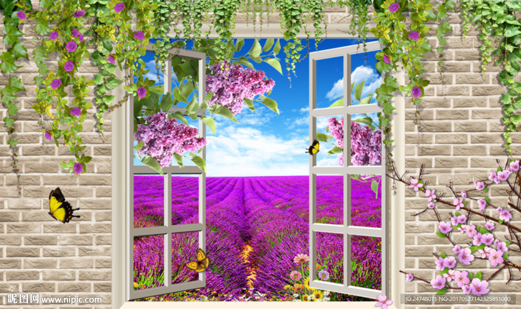 3D立体假窗砖墙花藤薰衣草庄园