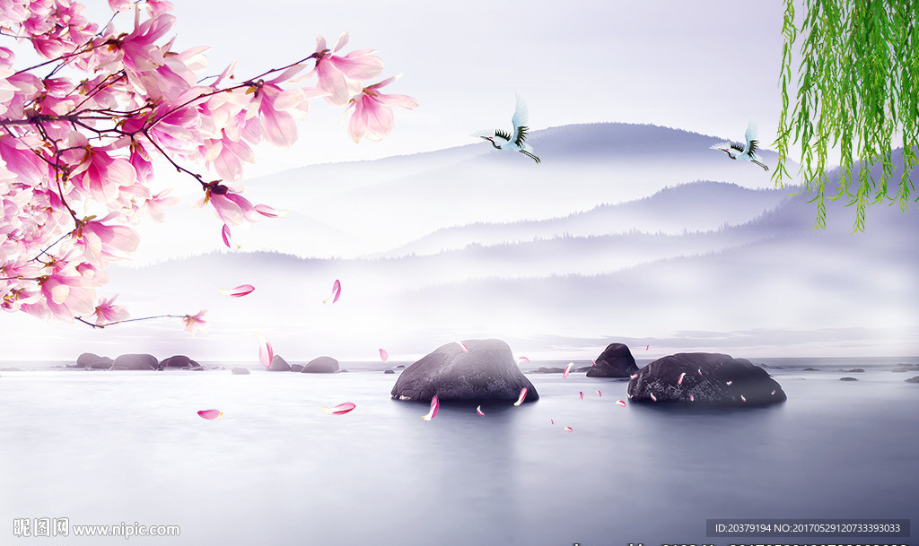 新中式简约山水玉兰风景仙境