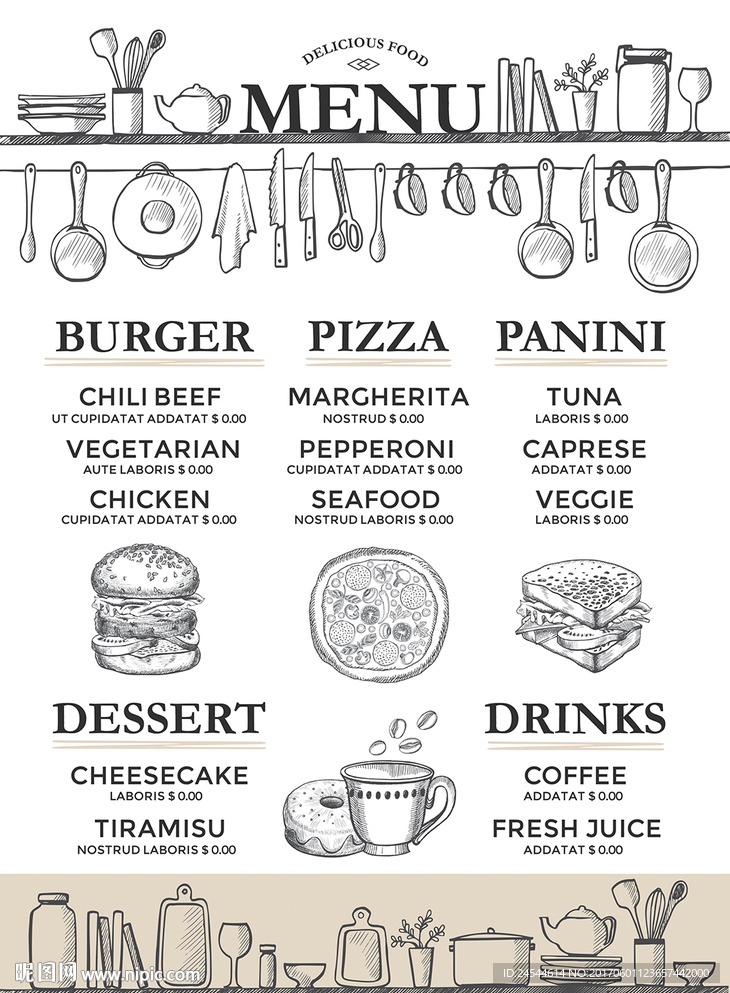 白色手绘简约文艺西式美食菜单