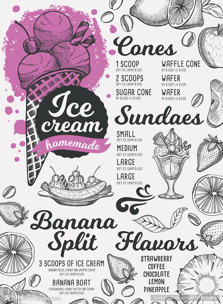简约手绘冰淇淋鲜榨果饮价目表