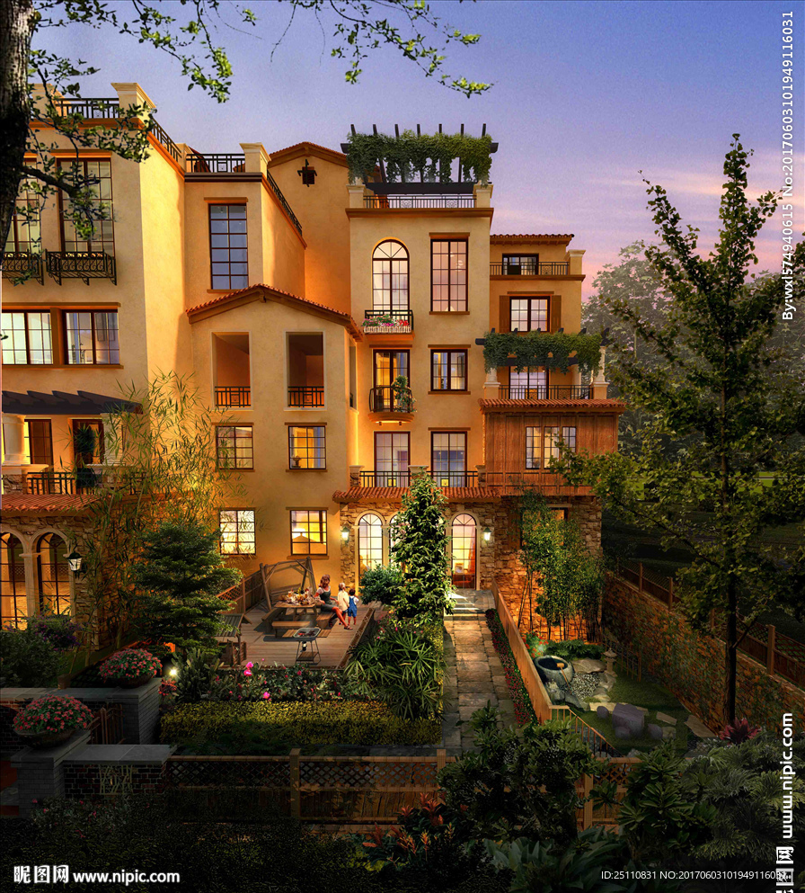 欧式别墅庭院绿化景观高清场景图