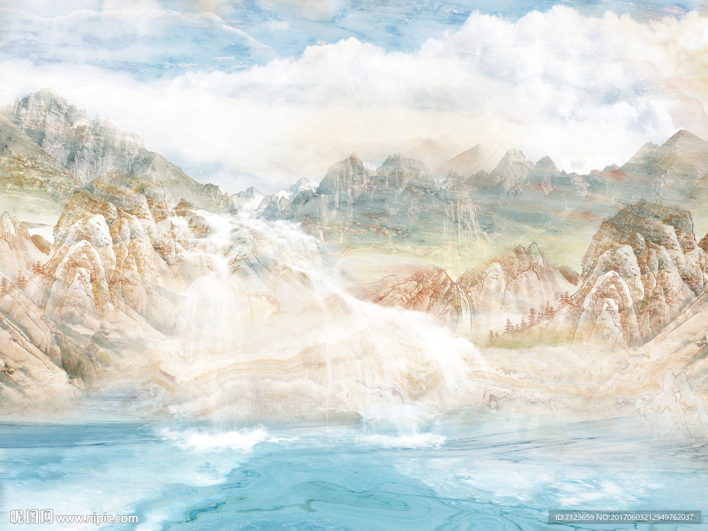 大理石纹山水蓝天白云石材背景墙