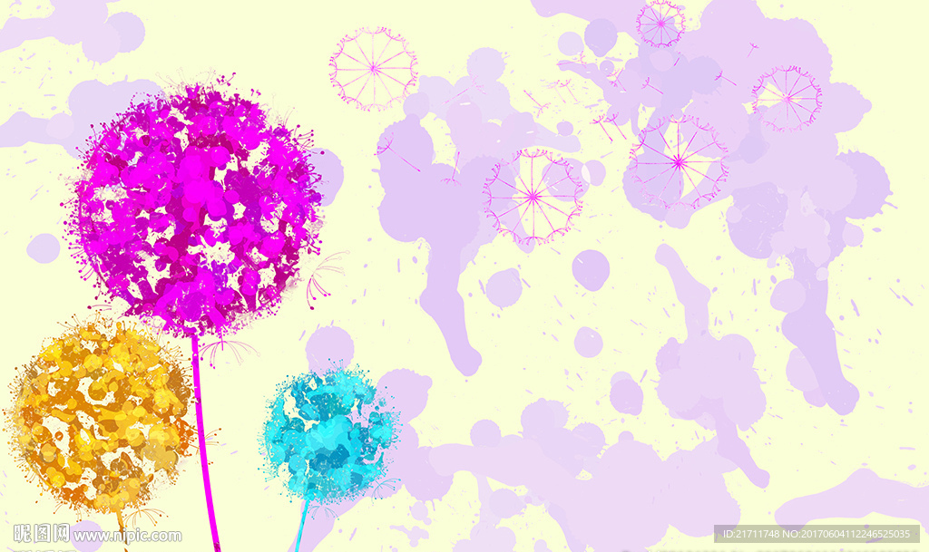 儿童卡通蒲公英水彩画电视背景墙