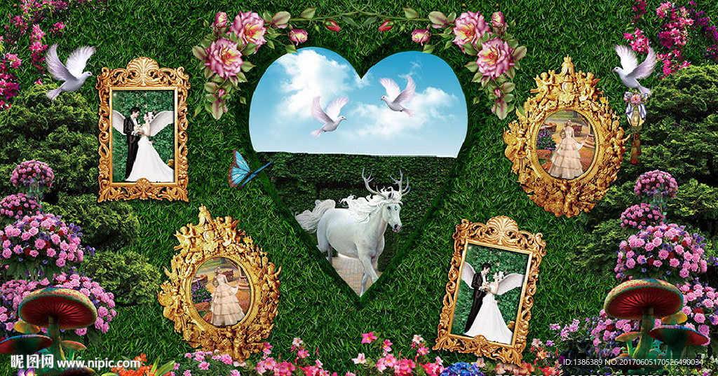 3D立体心形植物墙婚礼签到照片