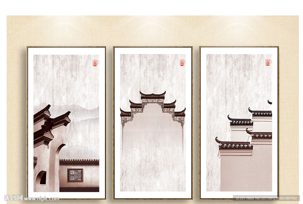 新中式禅宗禅意三联装饰画荷屋檐