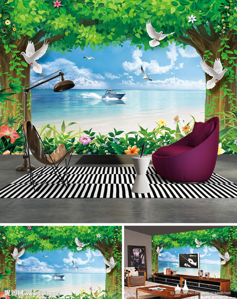 树林海边3D背景墙