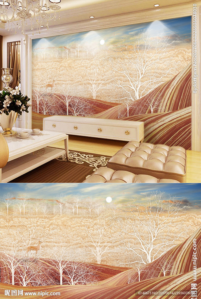 大理石纹抽象梦幻森林麋鹿背景墙