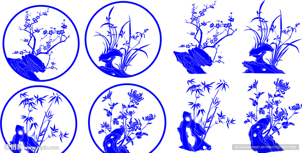 圆形梅兰竹菊四君子矢量图