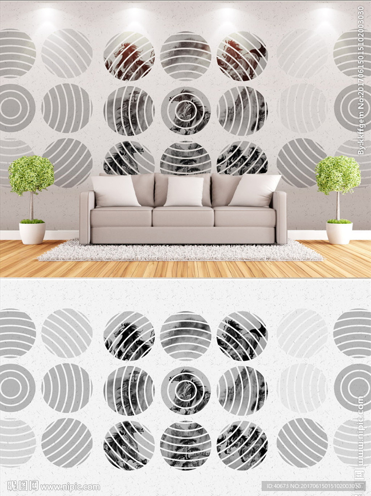 新中式圆形无框山水画背景墙