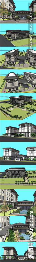 中式酒店建筑体模型SU设计