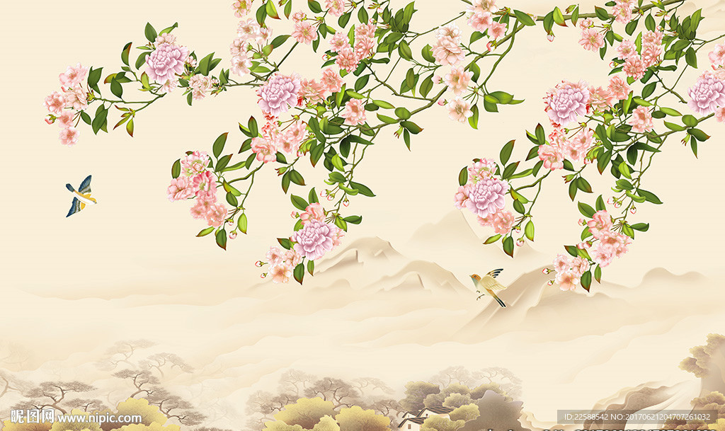 国画花鸟图大型壁画