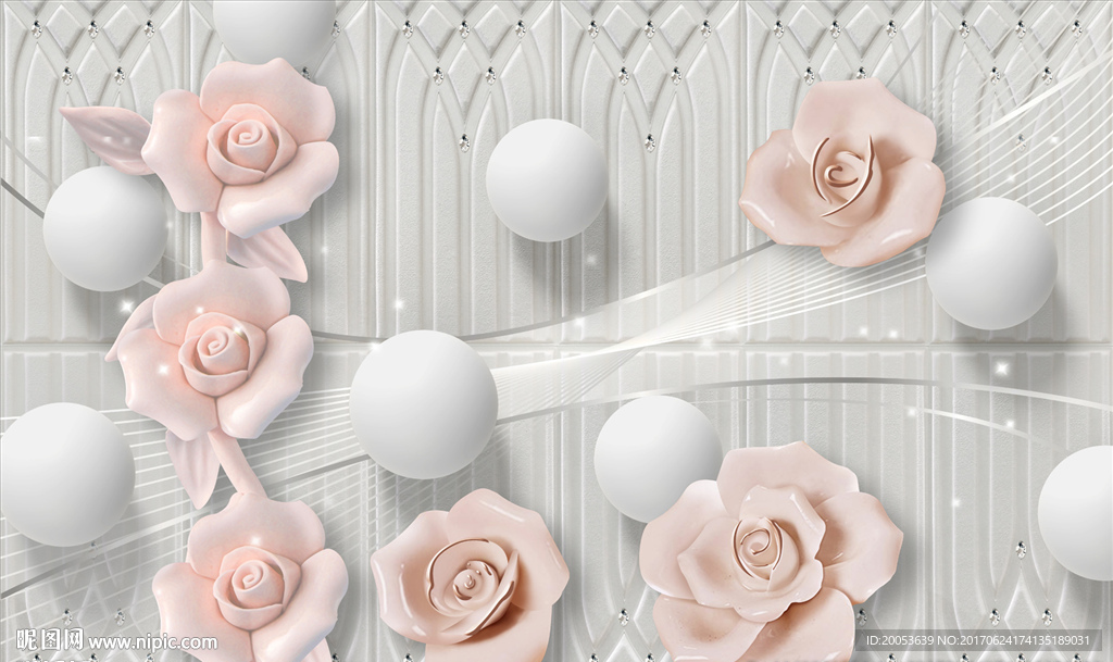 3d玉雕粉色花朵电视背景墙