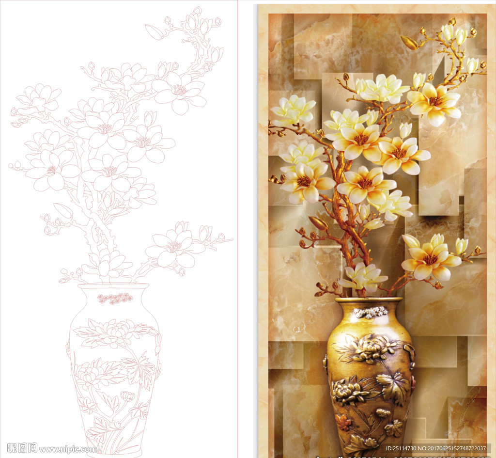 玉兰花瓶艺术玻璃矢量图 线条图