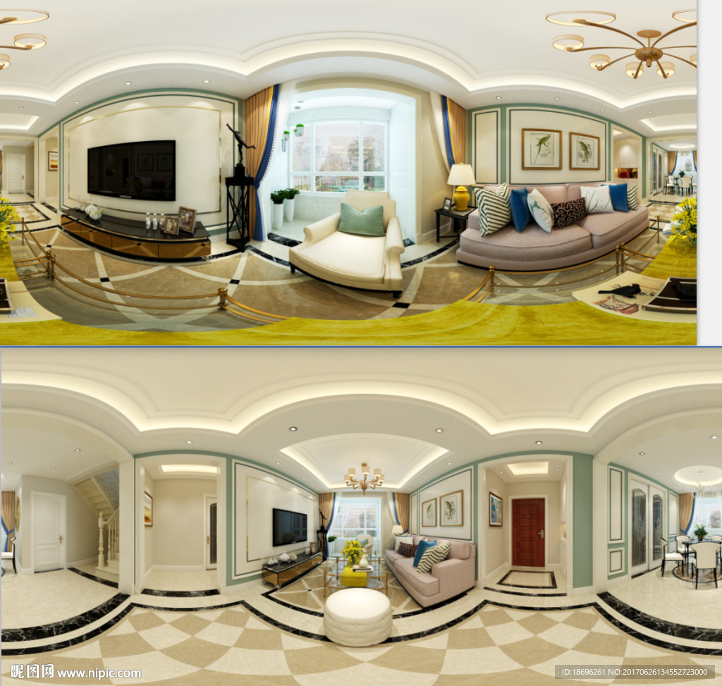 欧式客厅餐厅奢华模型全景图