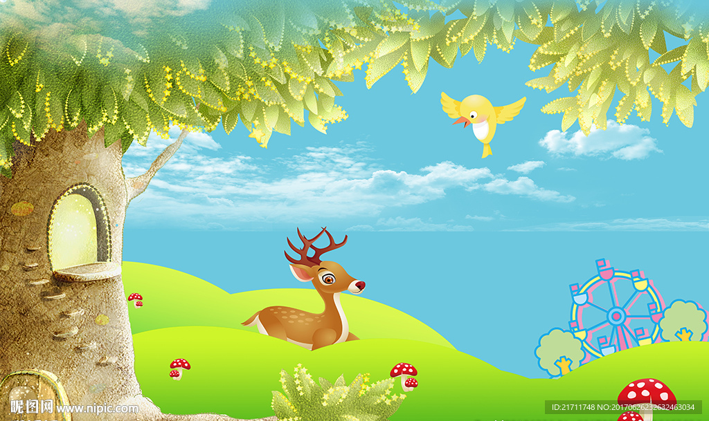 儿童卡通大树小鹿蓝天白云背景墙