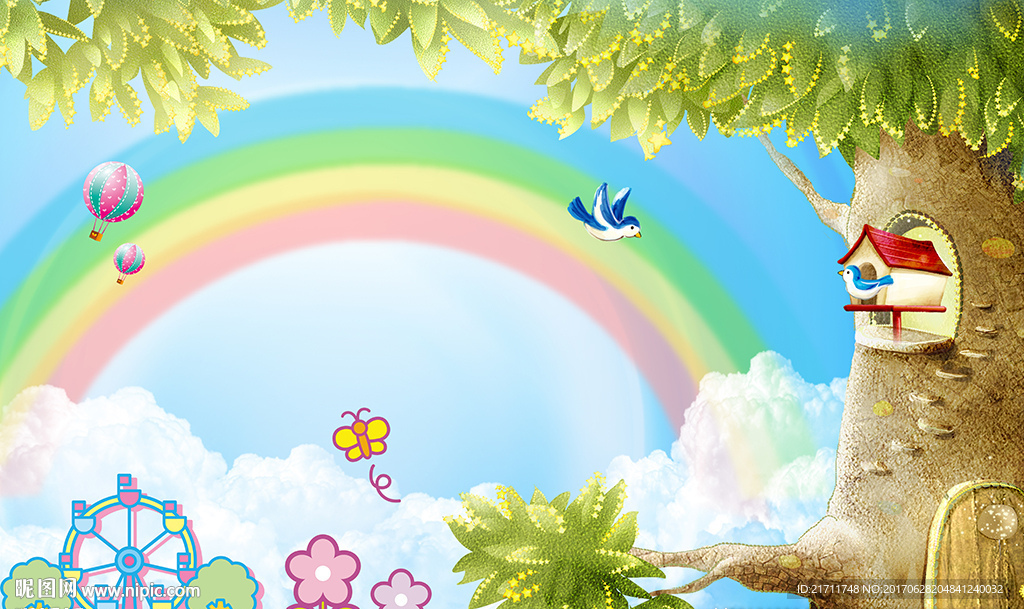 儿童卡通彩虹大树电视背景墙