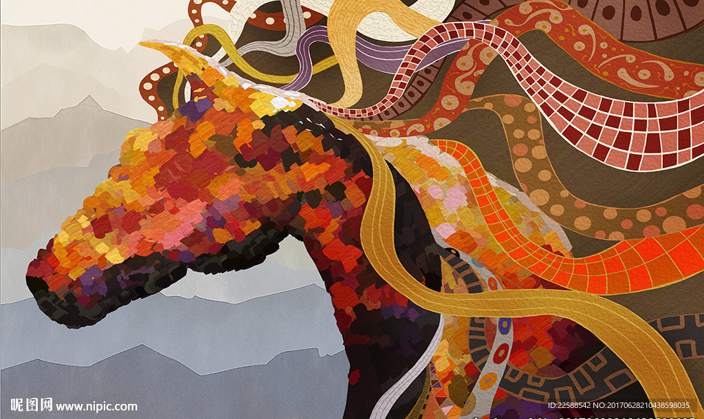 彩绘马艺术马赛克高清壁画背景墙