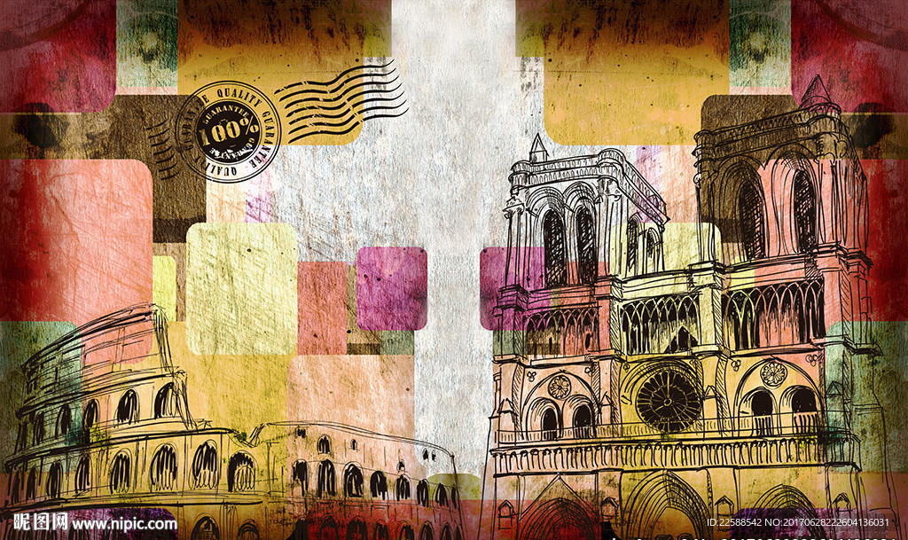 艺术建筑彩色背景大型壁画背景墙