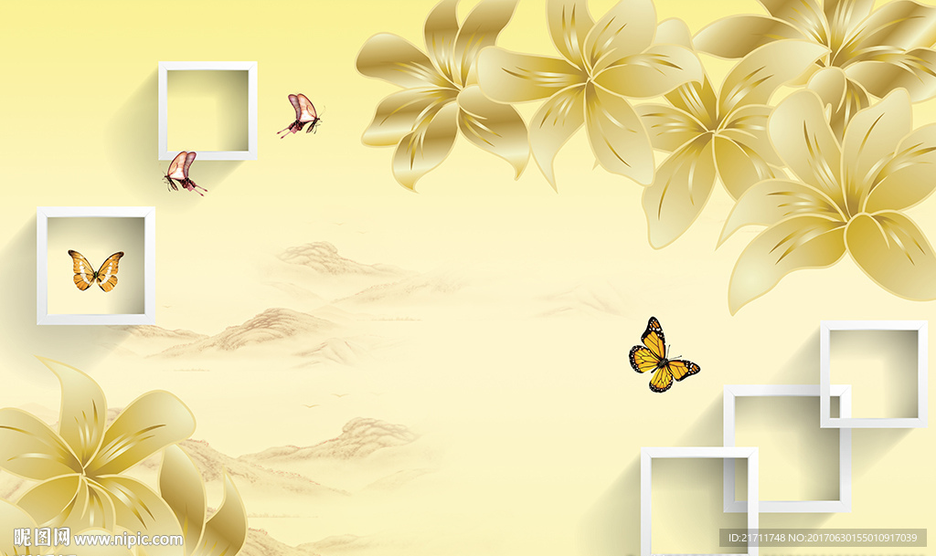 梦幻百合简约框框电视背景墙