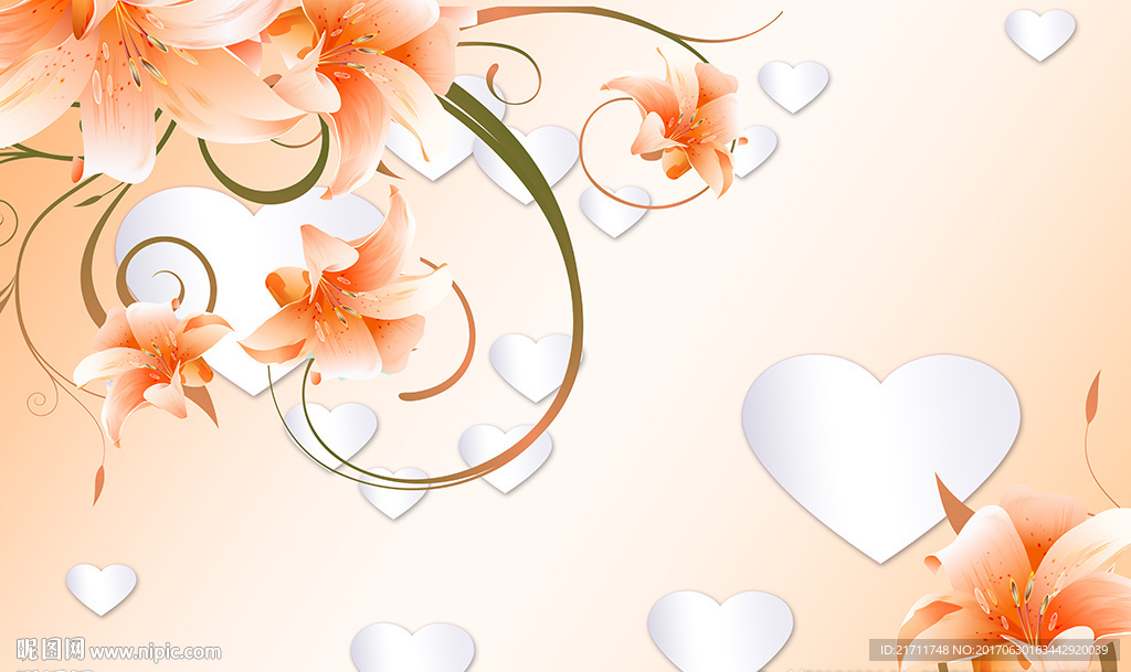 梦幻百合现代心形底电视背景墙