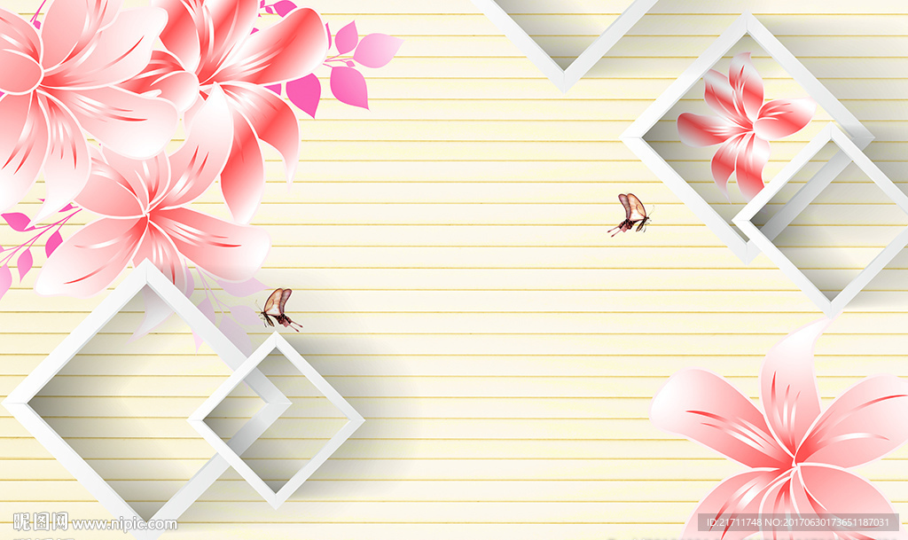 梦幻百合简约框框横条电视背景墙