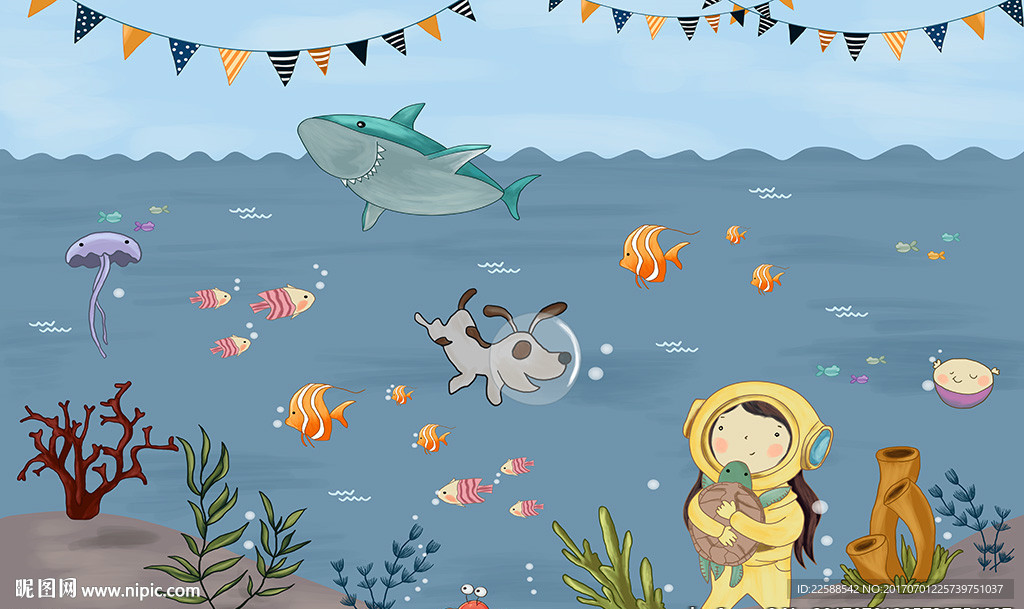 高清卡通手绘大型壁画儿童房背景