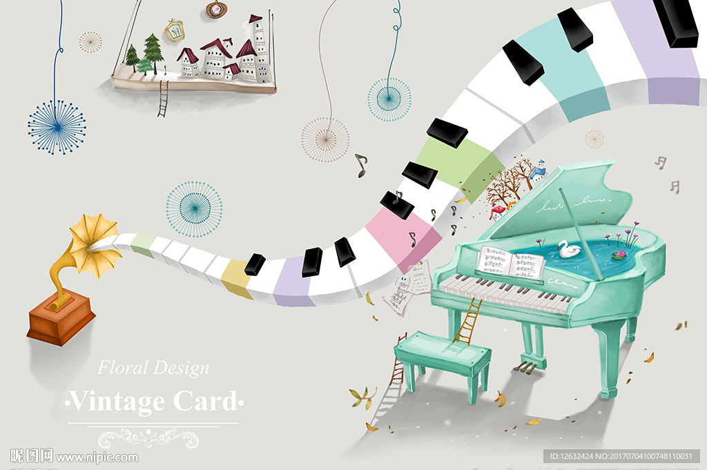 手绘儿童房钢琴插画背景墙