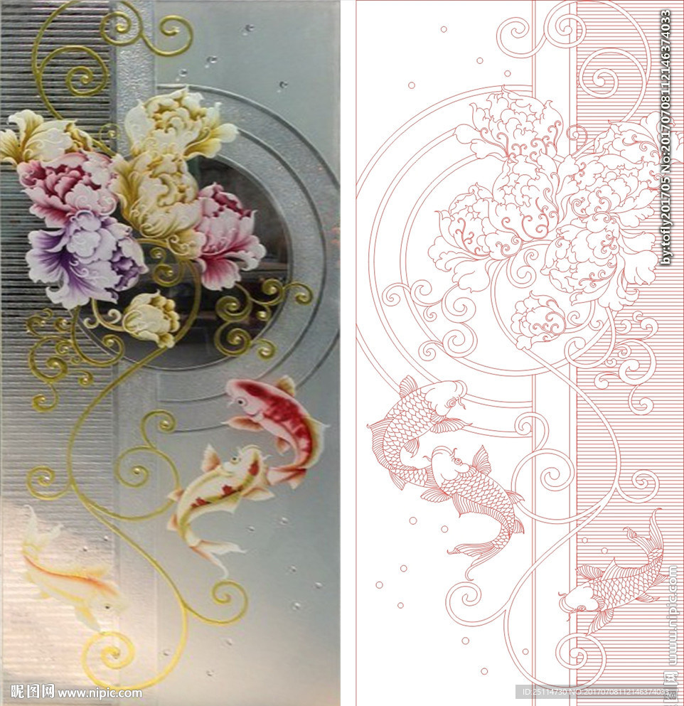 牡丹鱼 芙蓉艺术玻璃玄关矢量图